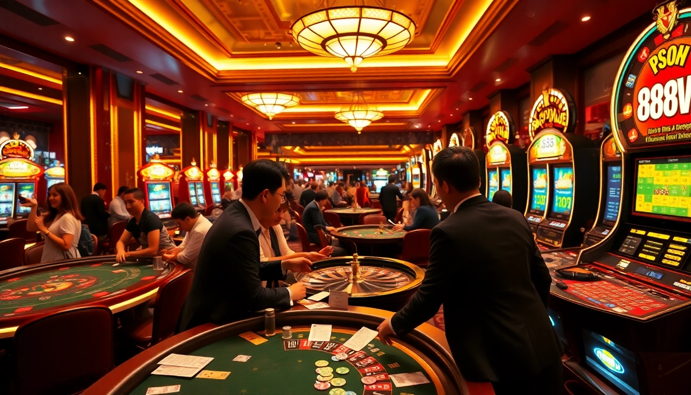 Experience the excitement of gambling at 888VND with poker tables and vibrant slot machines.