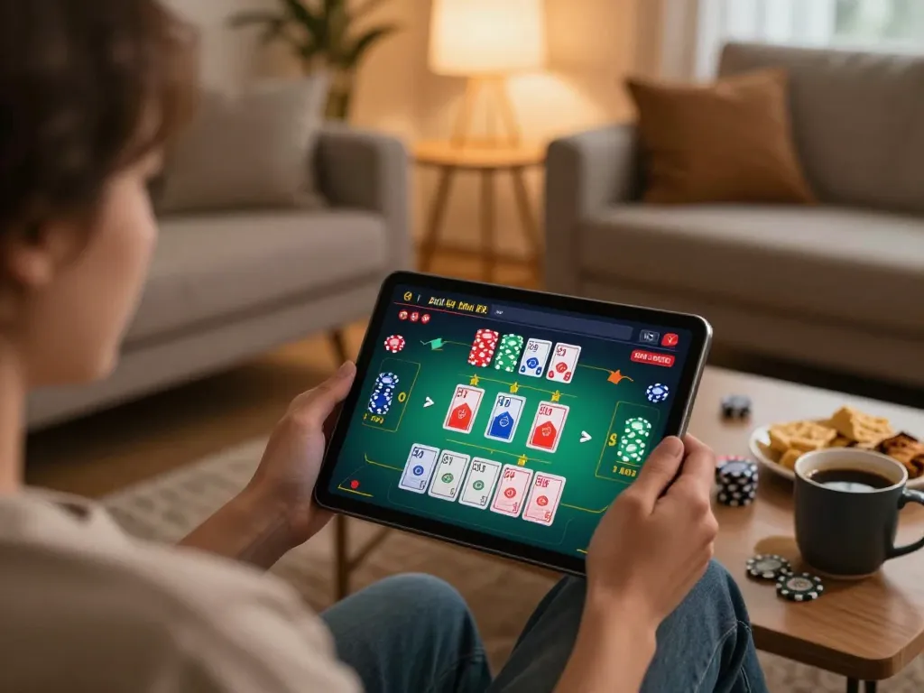 Engaging with sv66 live dealer game on tablet in cozy home environment.