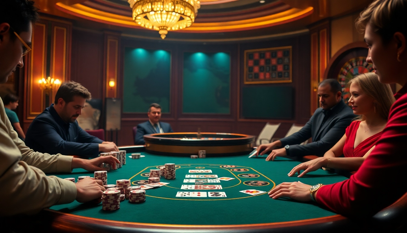 Players strategically placing bets at a TG88-themed poker table in a luxurious casino setting.