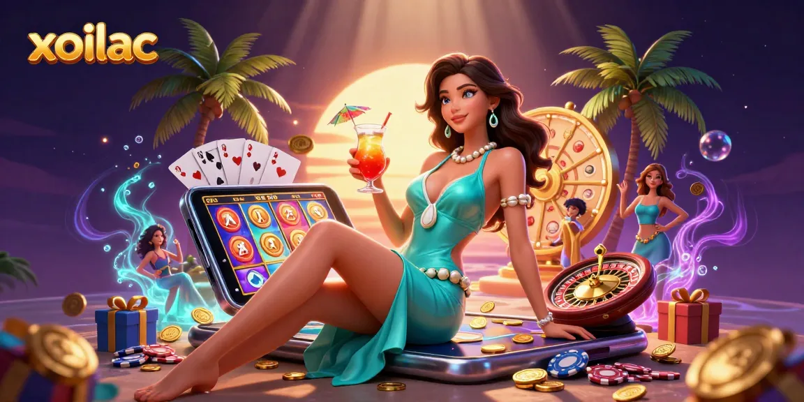 Experience the excitement of xoilac with vibrant casino elements, featuring a glamorous woman in a tropical setting.