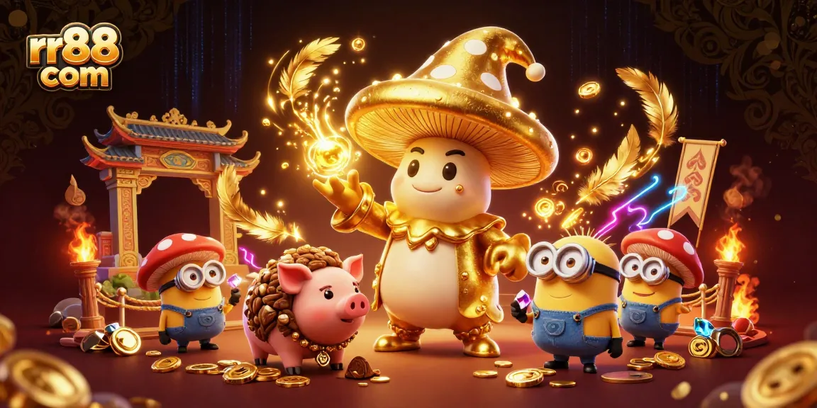 Win big at rr88 com with a vibrant scene showcasing enchanting characters and casino elements.