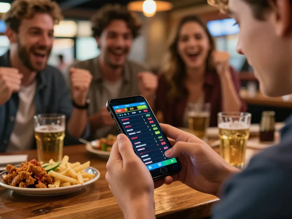 Five88 user placing sports bets on mobile in a lively sports bar atmosphere, cheering friends visible.