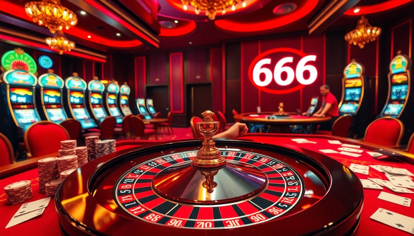 A thrilling casino scene with BDTK66 signage illuminating poker chips and a roulette wheel.