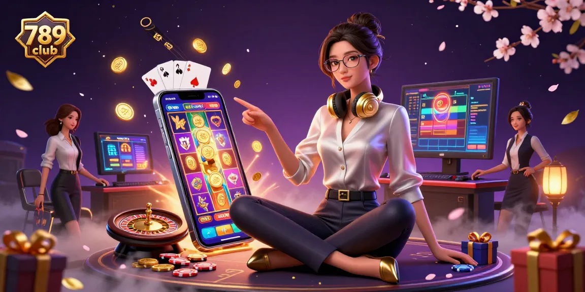 Experience exciting gameplay at 789 club with an elegant woman gaming on a high-tech setup filled with casino elements.