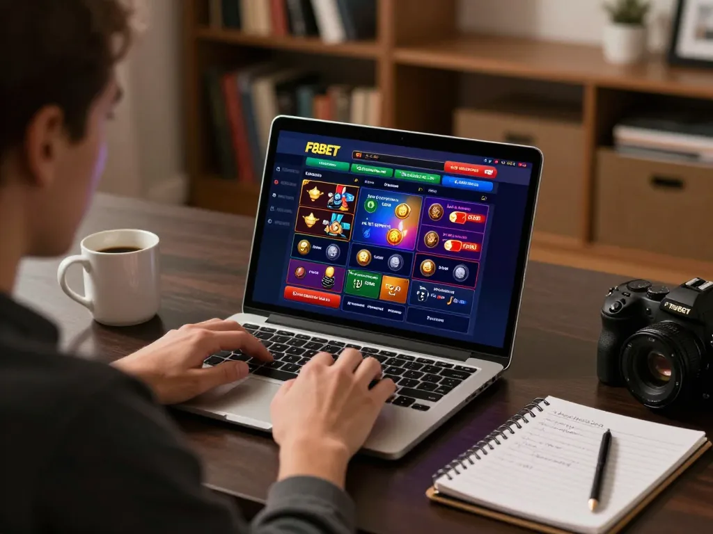 Engaging with F8BET's interface while practicing strategic online gambling at home.