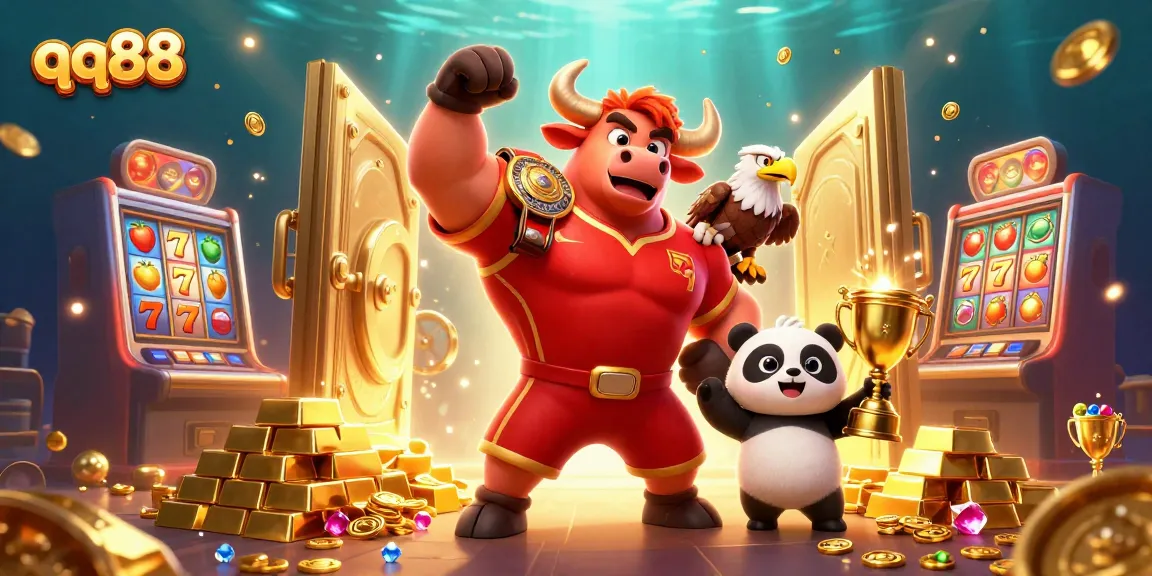 Engage with qq88's vibrant casino scene featuring winning mascots celebrating amidst jackpots and treasures.