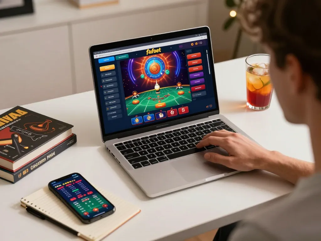 Engaging gaming scene on fabet platform with player strategizing online bets in a cozy atmosphere.