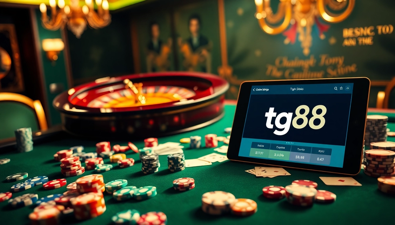 Experience the thrill of winning with tg88 at an elegant casino table filled with colorful poker chips and cards.