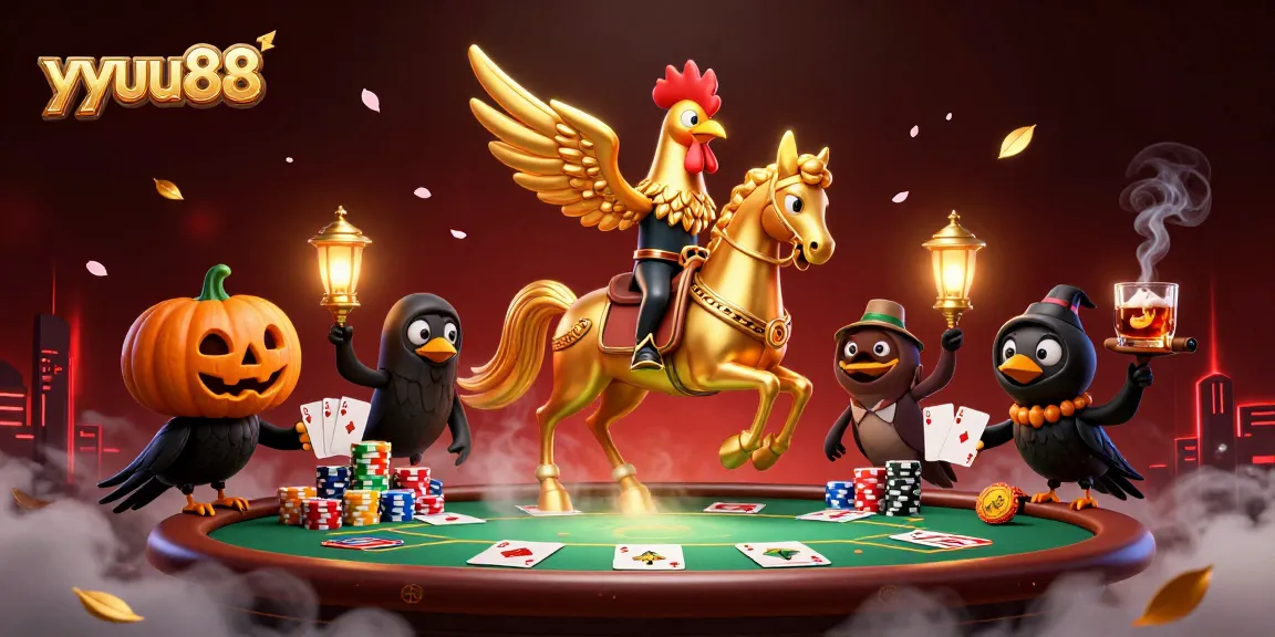 yyuu88 features a golden rooster and friends in a vibrant casino scene with poker elements.
