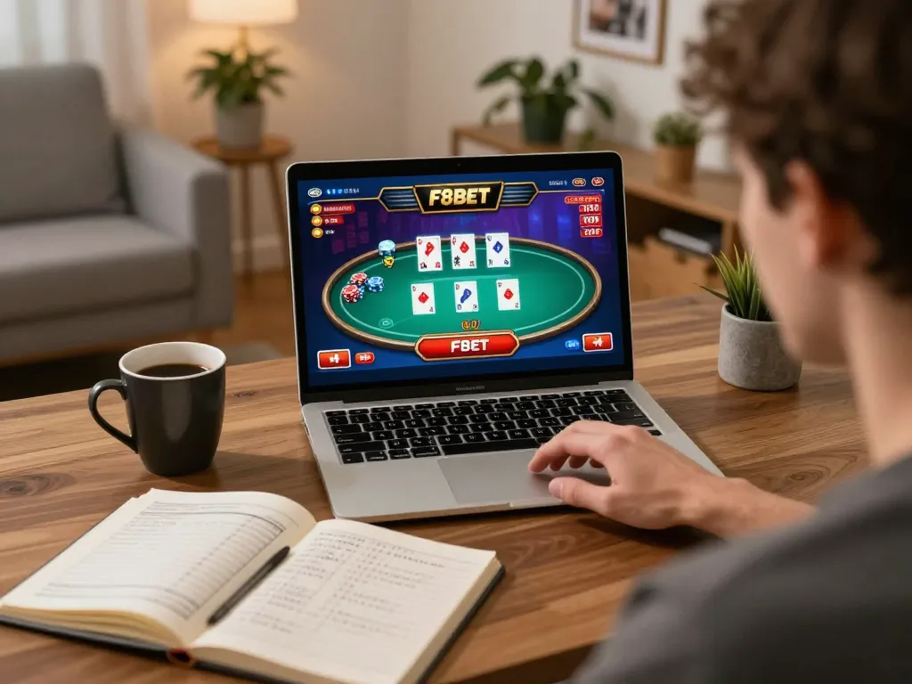 Player enjoying F8bet online casino games on laptop at home, emphasizing strategic gaming