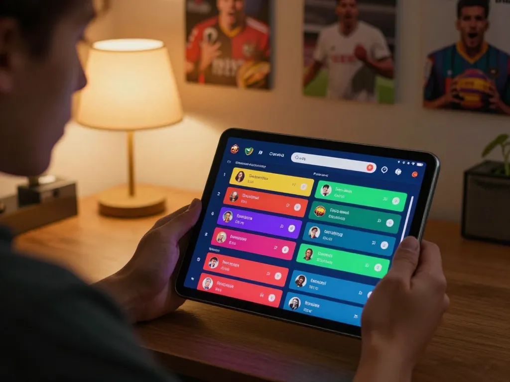 Bongdallu user analyzing live sports betting odds on tablet in a cozy home setting.