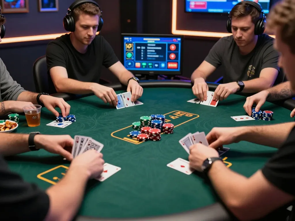 Players strategizing in an online poker game using HM88 app interface, vibrant gaming atmosphere.