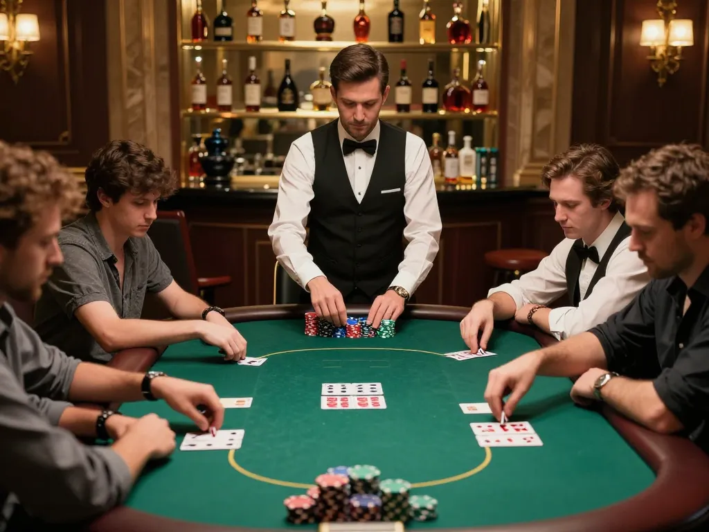 Players strategizing at a vibrant poker table at EE88 casino, showcasing intense gameplay and a luxurious atmosphere.