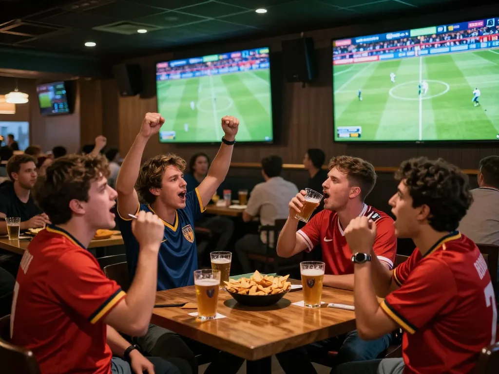 Fans engaged in ดูบอล while celebrating their team's performance at a lively sports bar.