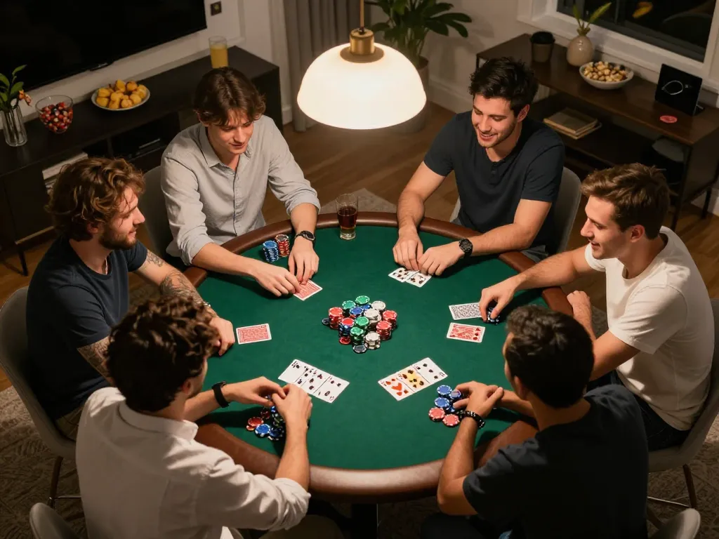 Engaging friends at home during a poker night, emphasizing KJC's commitment to community entertainment