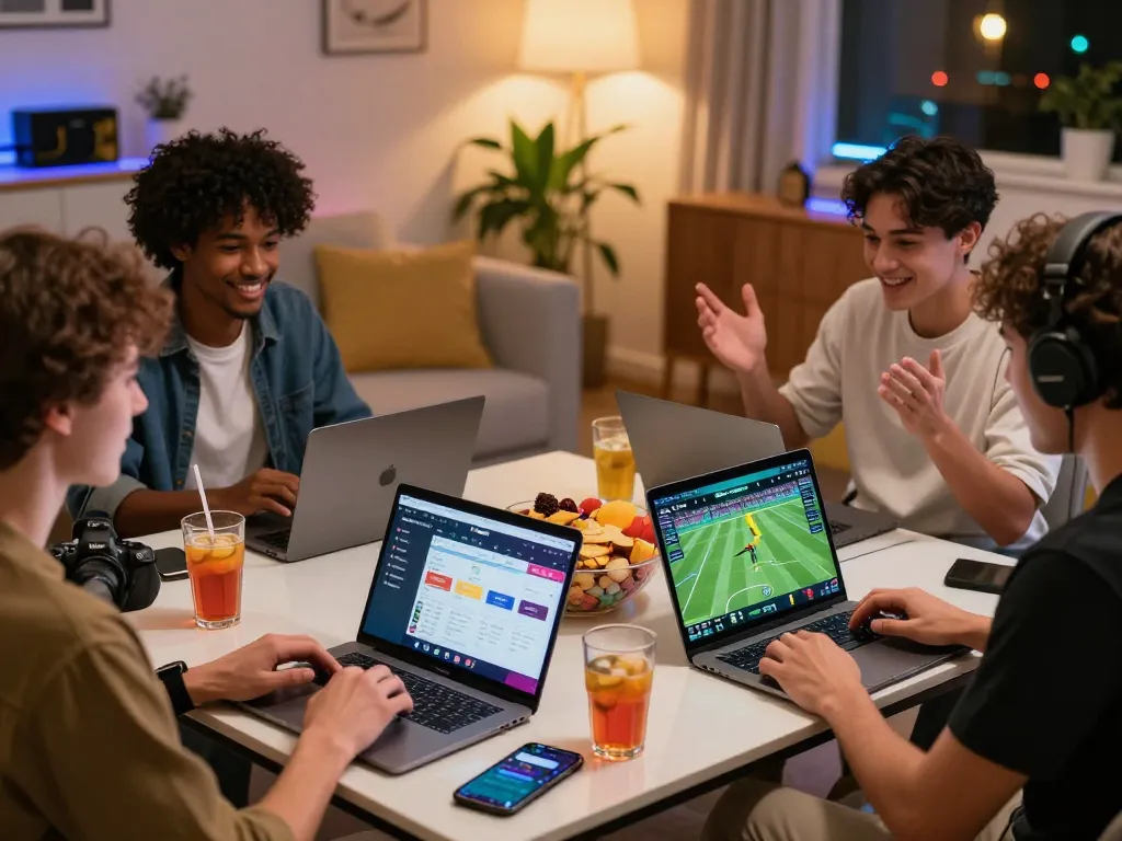 Friends enjoying online betting on NK88 bet with laptops and drinks.