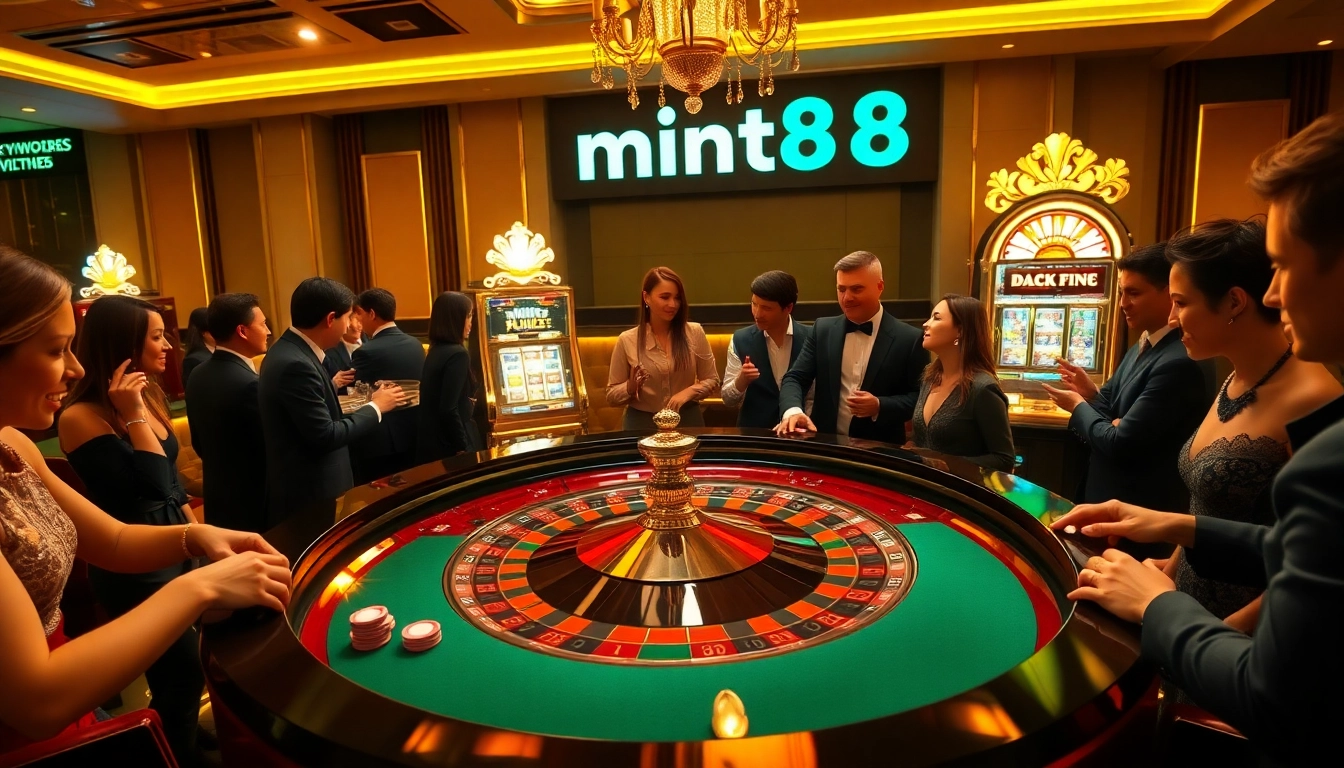 Experience the thrill of mint88 as players engage at a vibrant roulette table in an upscale casino.