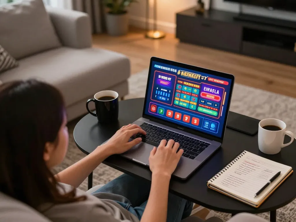 Player enjoying online nk88 casino games on a stylish sofa while tracking betting strategies