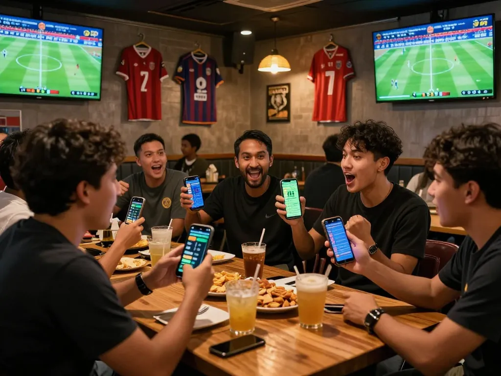 Fans celebrating kèo bóng đá trực tuyến at a sports bar with live matches.