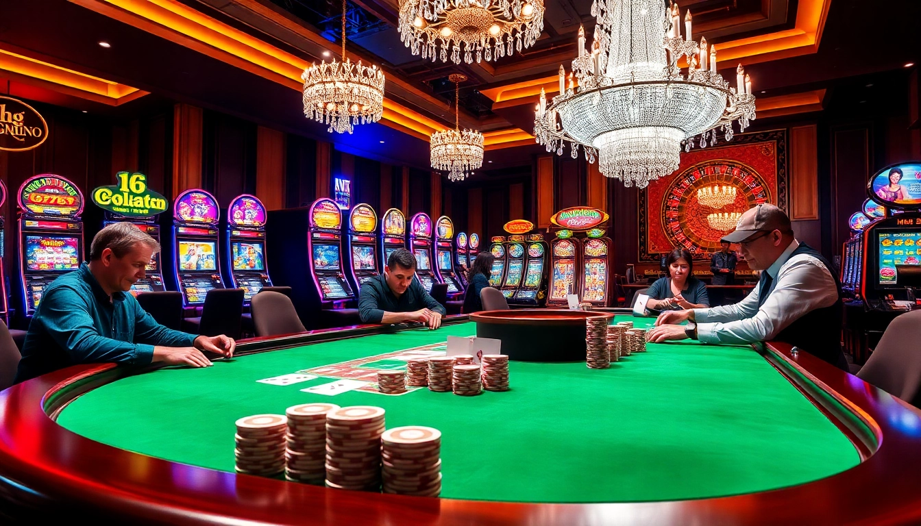 Engaged players at an exciting poker table with stacks of chips at https://mm88.moe/ in a luxurious casino.