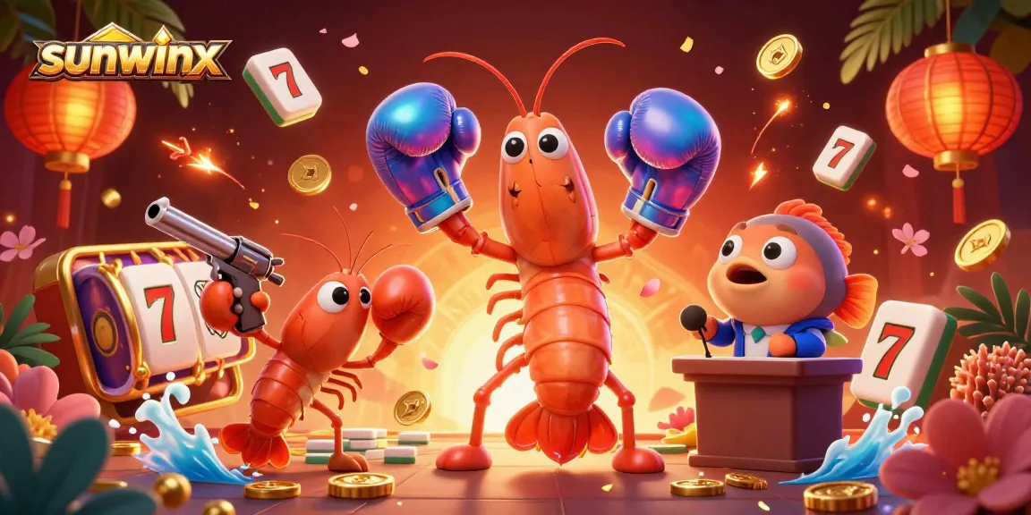Engage with sunwinx as playful shrimp characters promote vibrant gaming action amidst festive casino elements.