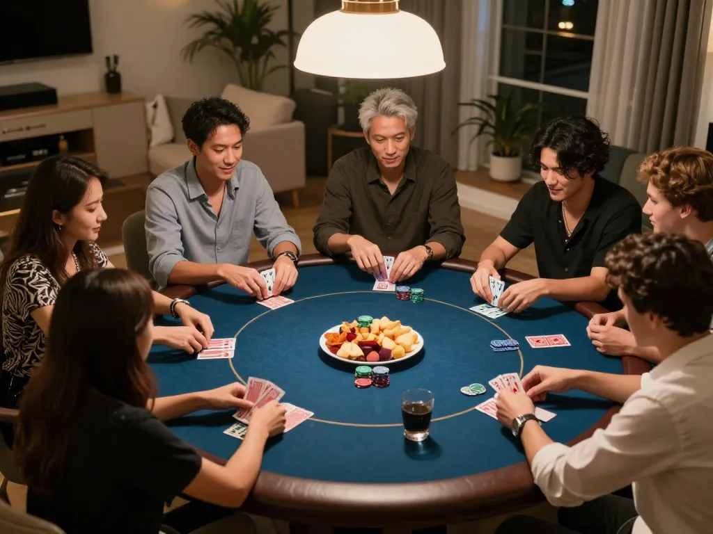 Engaging poker night with friends showcasing Fly88 gaming strategies in a cozy atmosphere