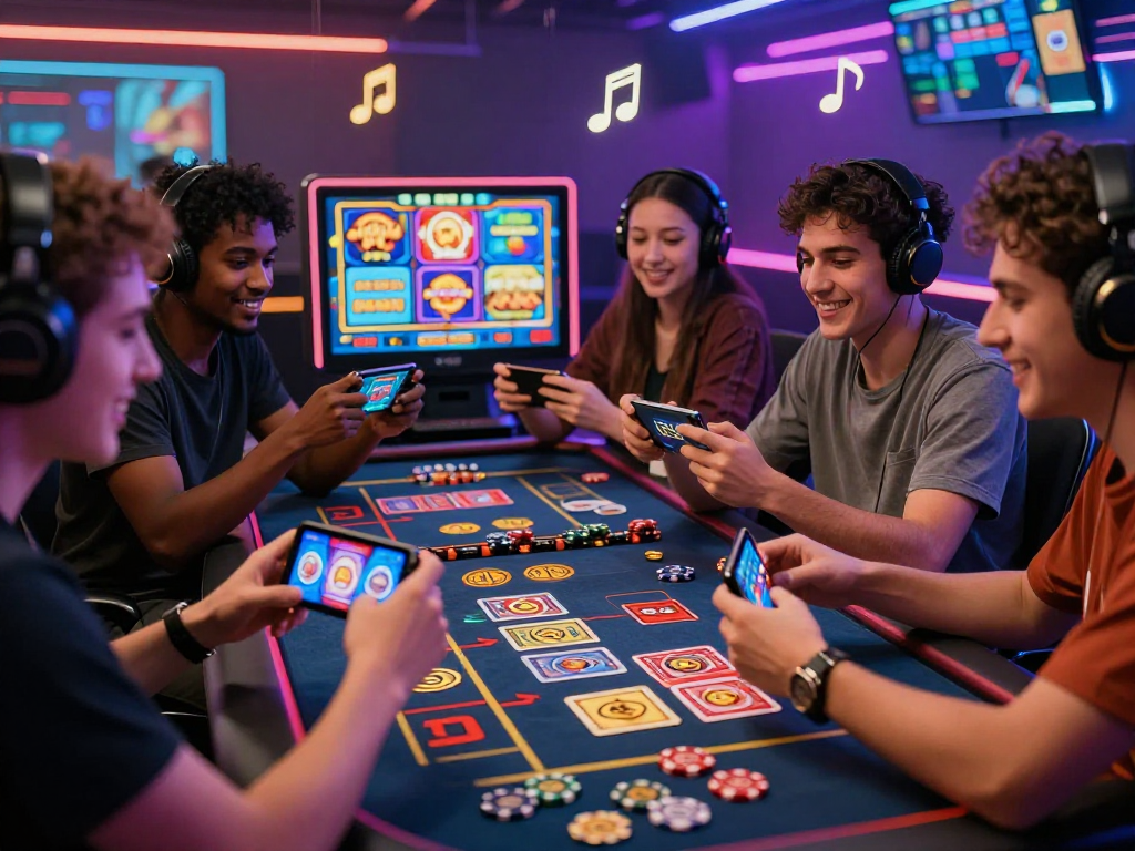 Friends enjoying a crypto casino game night with vibrant digital graphics and excitement