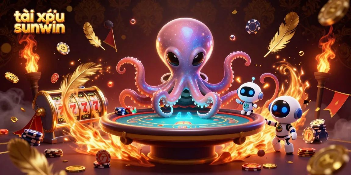Experience thrilling gaming with tài xỉu sunwin showcasing an alien octopus at a holographic poker table surrounded by dynamic casino elements.