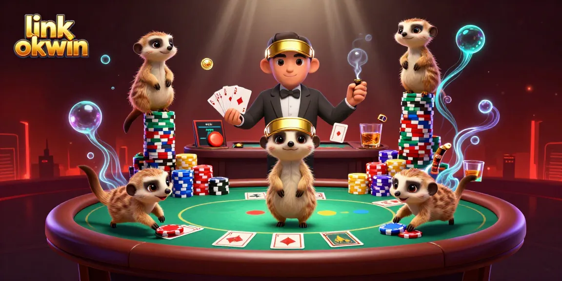 Engage with exciting casino action featuring link okwin's meerkat characters amidst vibrant card games and chips.