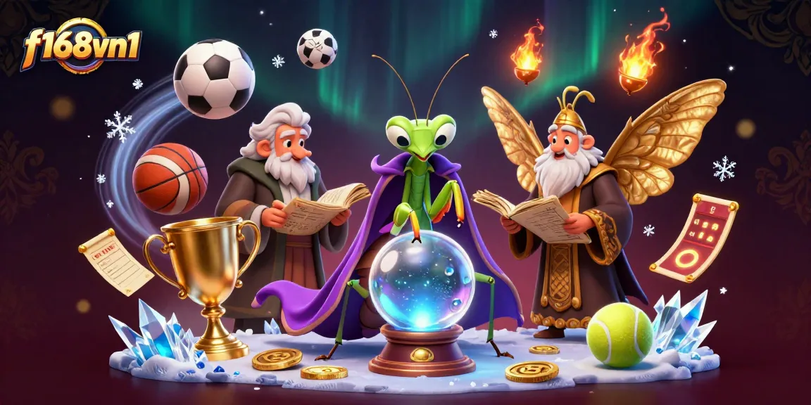 Experience the thrill of betting at f168vn1 with a vibrant, dynamic illustration featuring fortune tellers and sports elements.