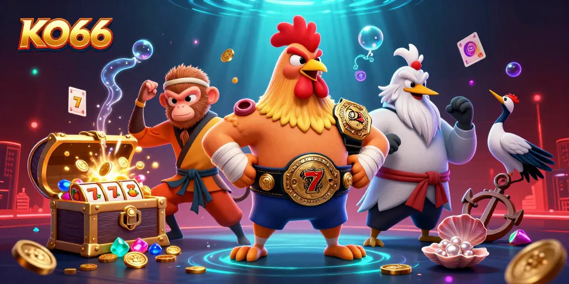 Engage with KO66's thrilling 3D casino scene featuring dynamic characters and vibrant games.