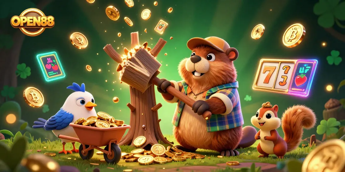 Experience thrilling slots with OPEN88 as a beaver chops a coin raining tree amidst vibrant casino elements.