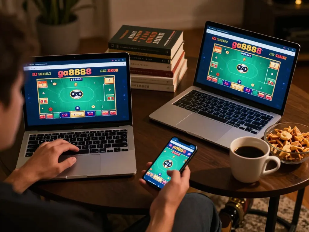 Engaged player analyzing strategies and placing bets on ga8888 during comfortable home gaming session.