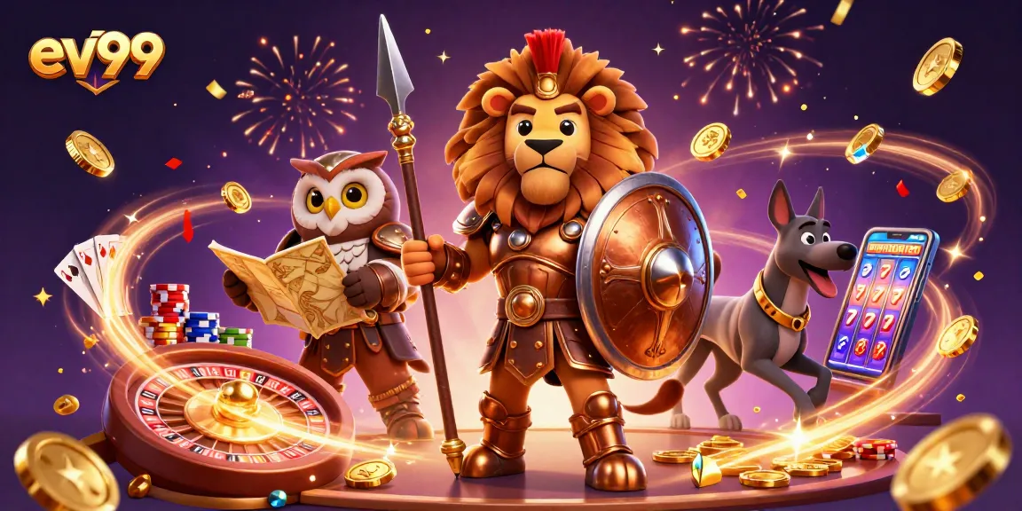 Play exciting casino games with ev99 featuring vibrant characters, gold coins, and a spinning roulette wheel.