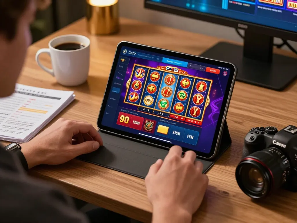 Experience OnBet gaming excitement on a tablet in a cozy home setting.