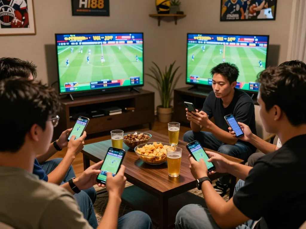 Friends engaging in live sports betting on HI88 with smartphones, sharing excitement in a cozy atmosphere.