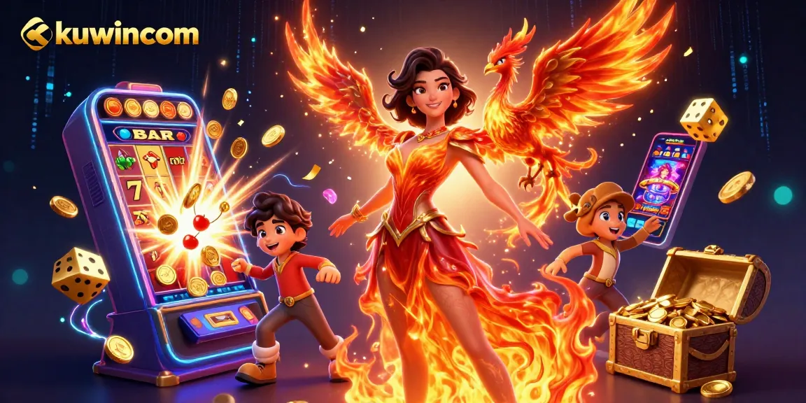 Join the thrill of kuwincom's dynamic slot gaming experience with vibrant illustrations.