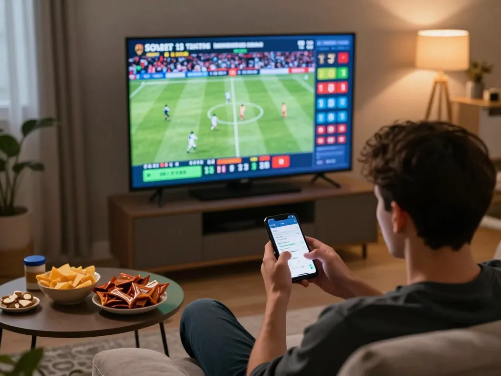 Engaging sports betting excitement at home with sbobet app on smartphone, watching live game.