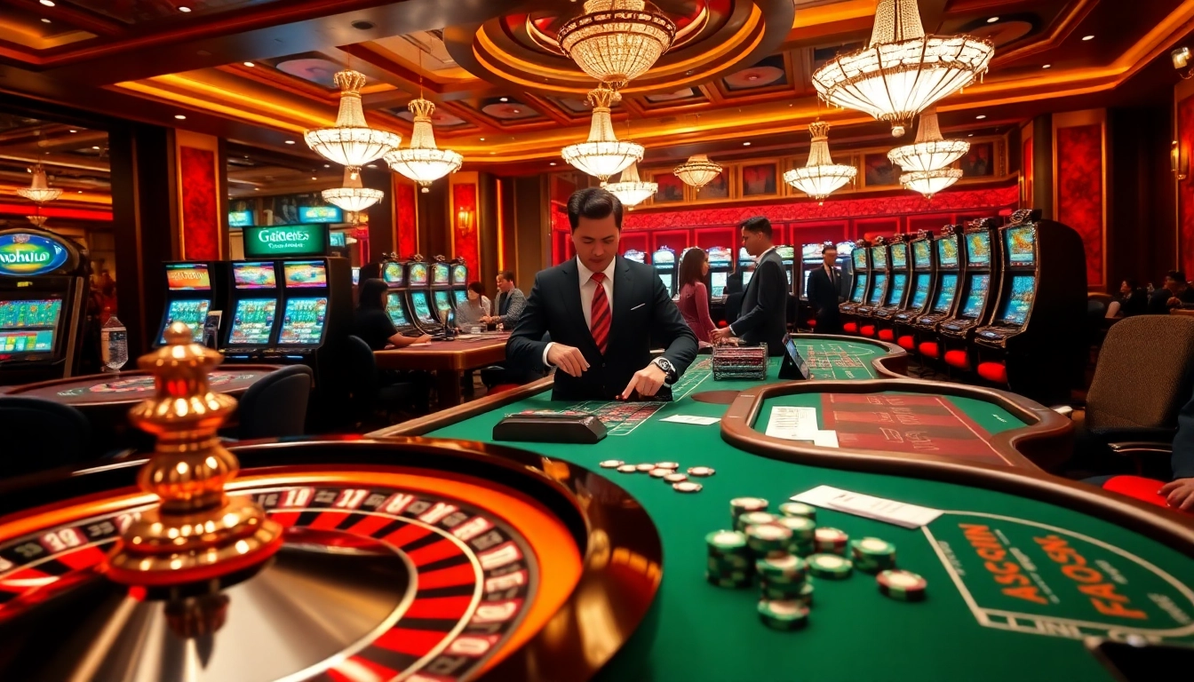 Experience the thrill of gambling with nohu90 at a luxurious casino setting featuring vibrant tables and rich decor.
