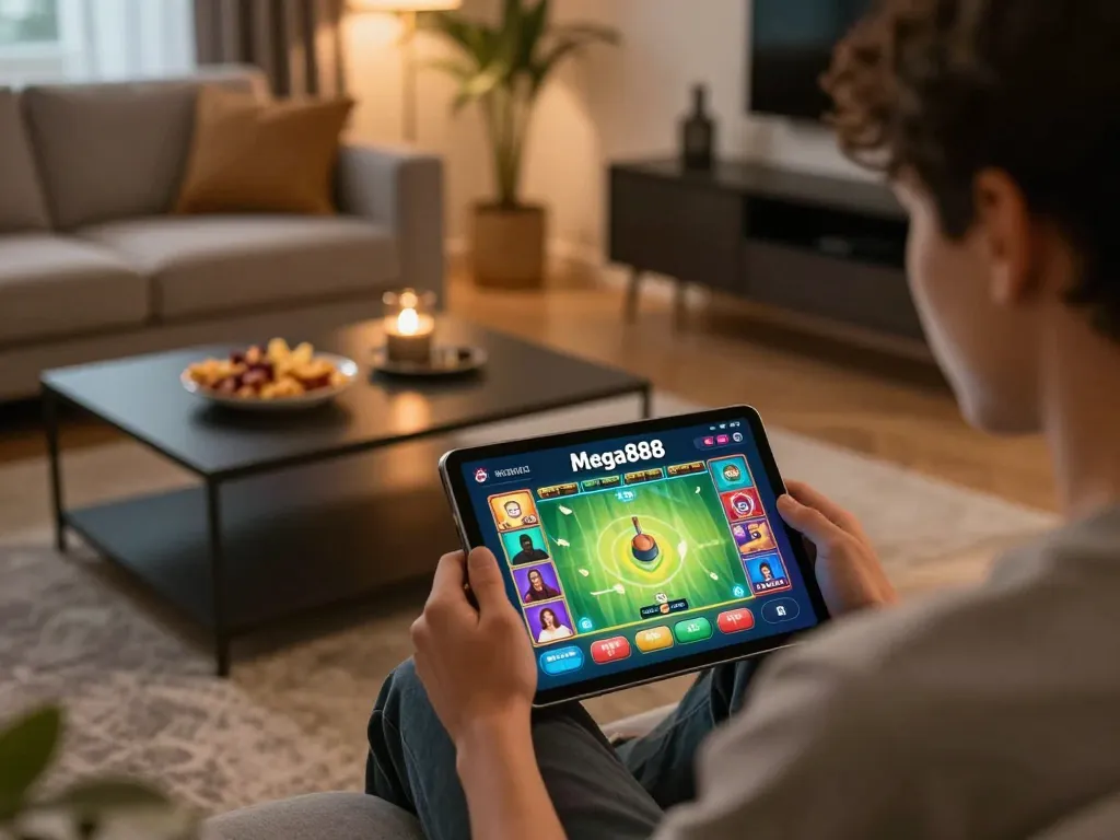 Download Mega888 apk on a tablet in a cozy living room during an evening gaming session