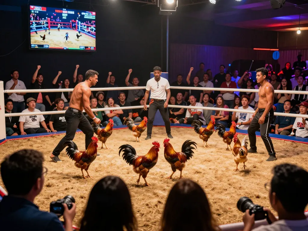 Watch Đá gà thomo intense live chicken fights with vibrant atmosphere and cheering crowds.