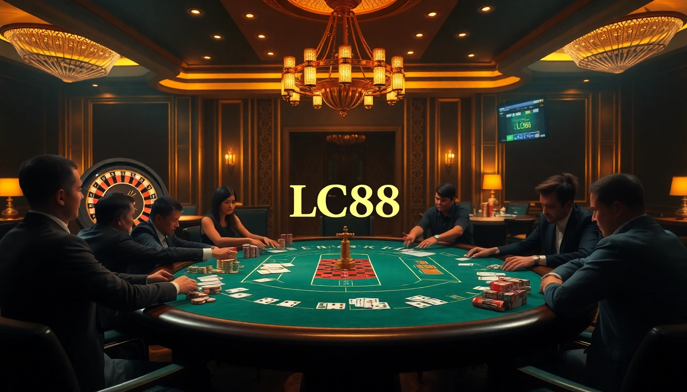Engaged players at an LC88 poker table, showcasing a luxurious gambling experience.