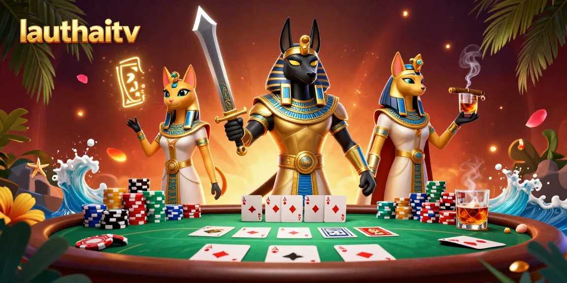Engaging lauthaitv online casino scene featuring Anubis warrior and Bastet at a poker table.