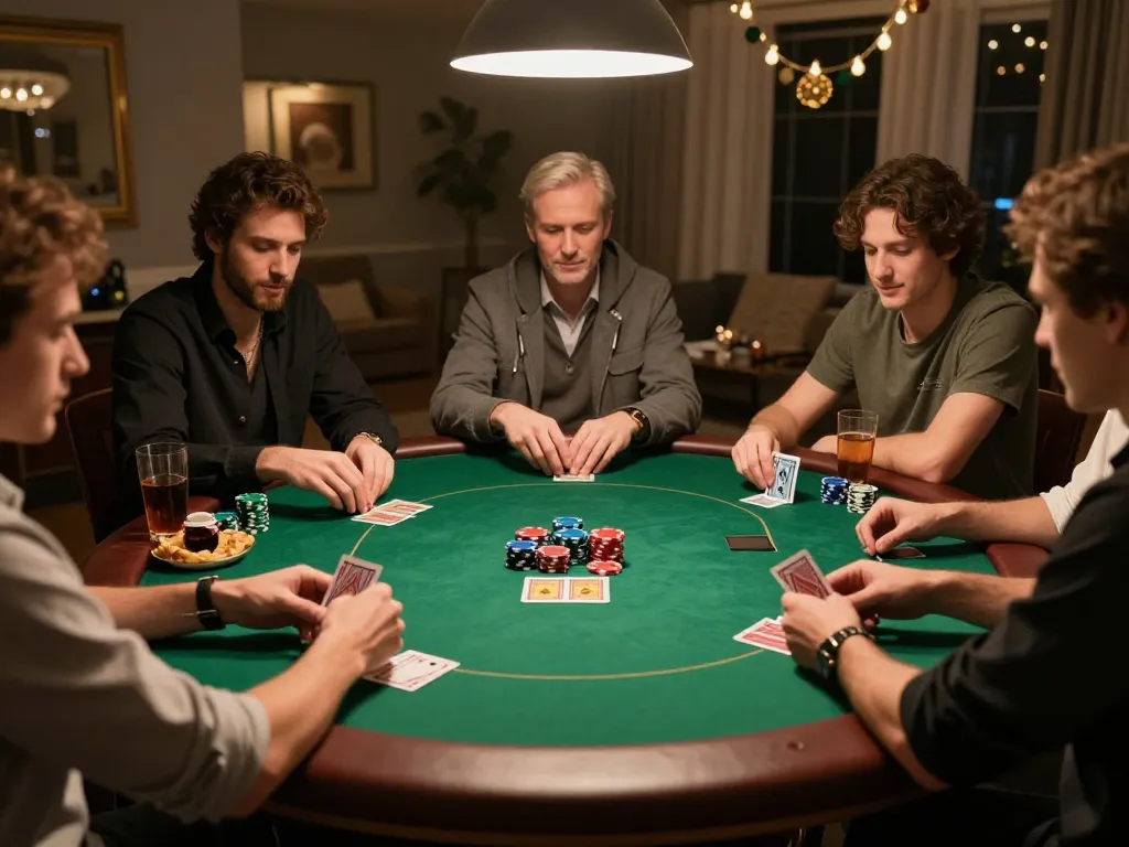 Taisunwin hosts a lively home poker game night featuring enthusiastic players and vibrant card gameplay.