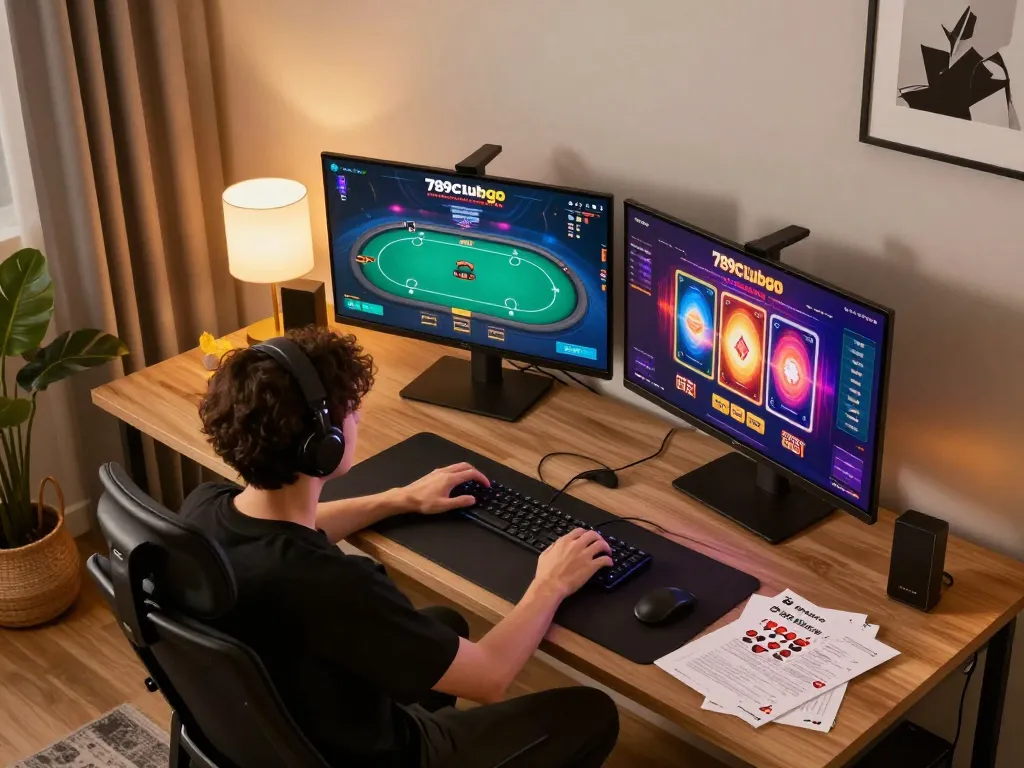 Engaging online gaming scene with 789clubgo casino, showcasing multiple screens and a stylish home setup.