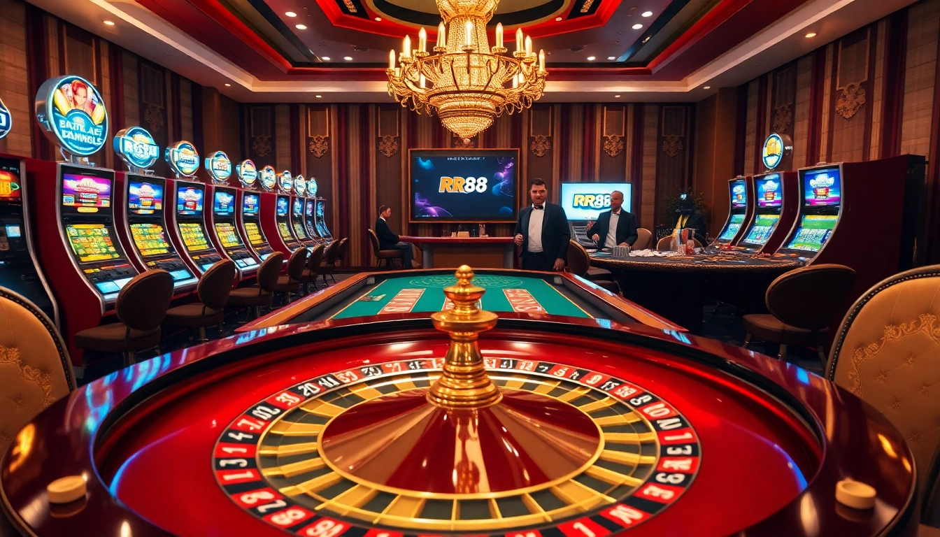 Experience excitement at RR88 casino featuring roulette, poker tables, and vibrant slot machines.