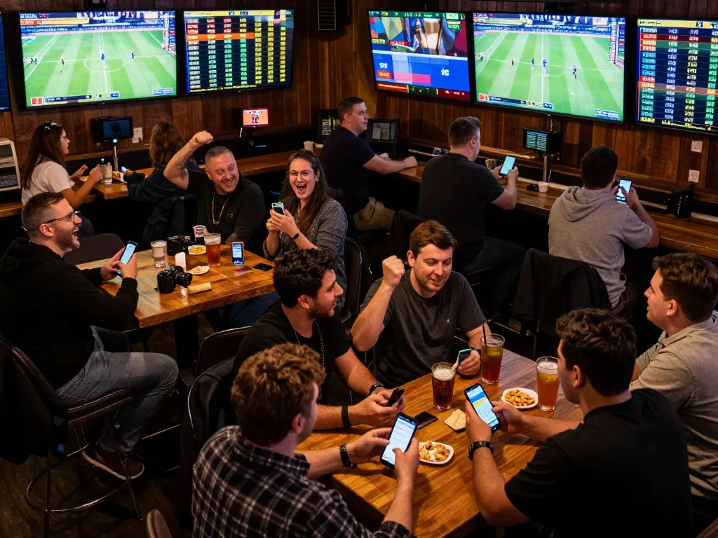 Engaged sports bettors using kèo nhà cái to track live betting odds in a lively bar environment