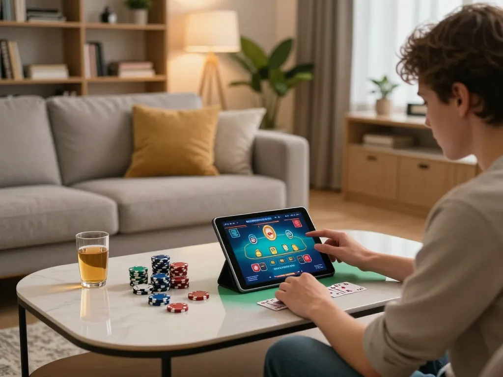 Engaging home scene featuring xx88 online blackjack gameplay on a tablet with scattered poker chips.