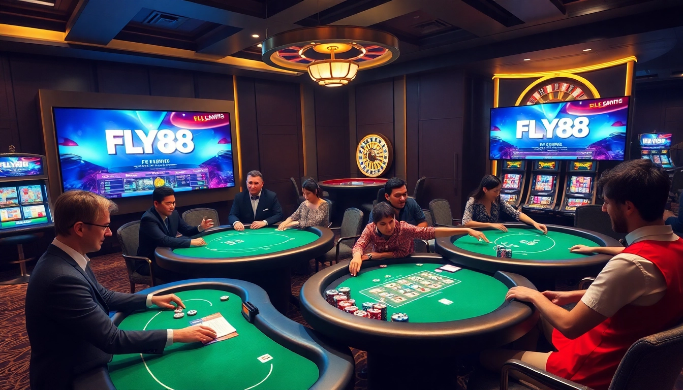 Players enjoying FLY88's exciting online casino experience at a luxury table setting.