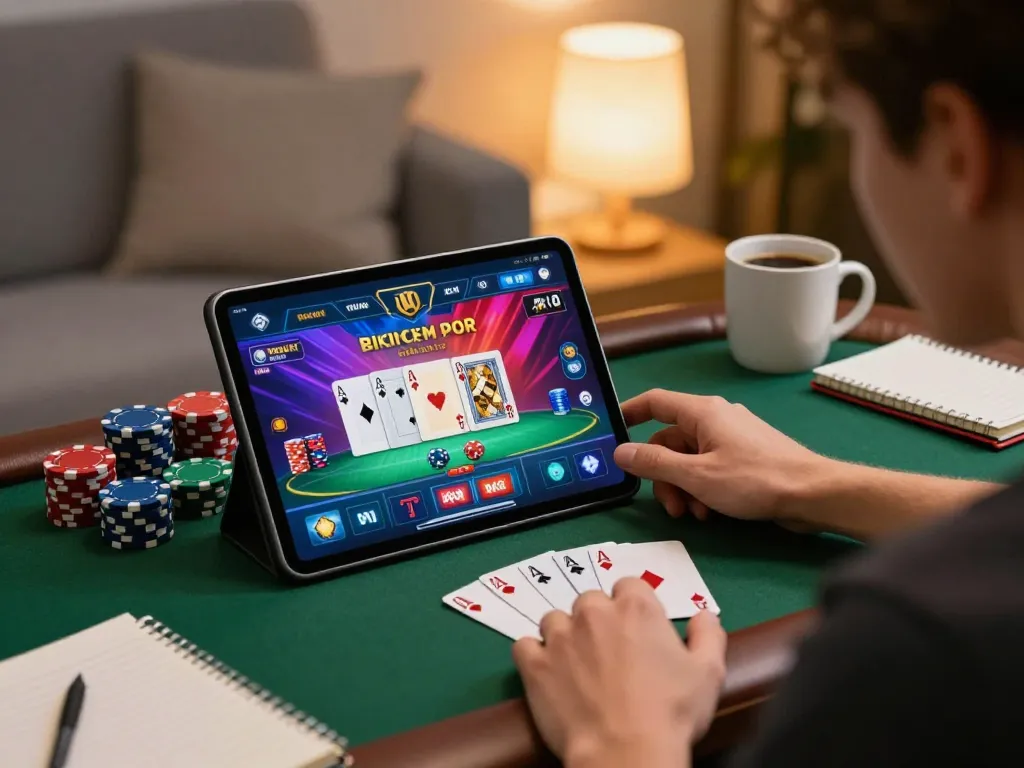 MM88 player strategizing poker game on tablet at home with bright screen and notebook.